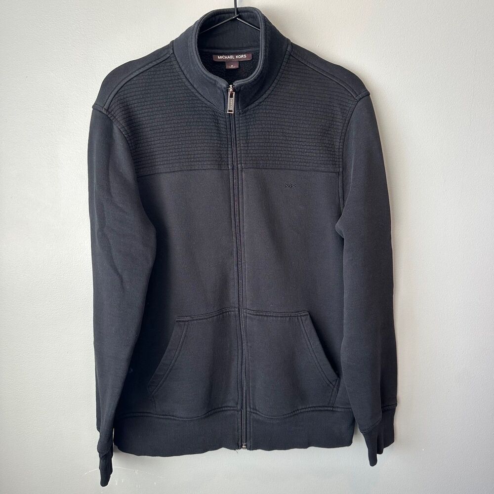 Michael Kors Full Zip Track Jacket Black Ribbed Moto Style shoulders Mens Medium